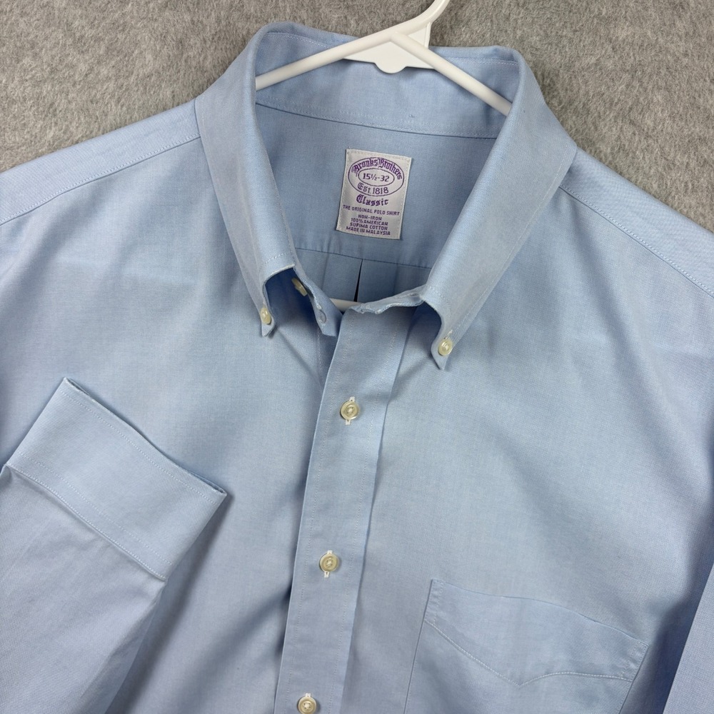 Brooks Brothers Shirt Mens 15.5 32 Blue OCBD Oxford Supima Classic Non Iron Trad